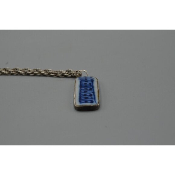 Blue & White Bar Pendant Rope Chain Necklace Sterling Silver 15.5" Chinese Asian - Picture 6 of 11